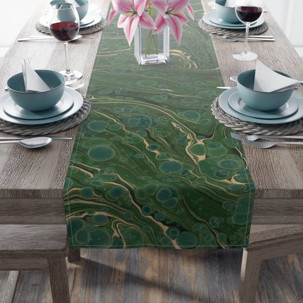 Green Table Runner featuring Dodin's Marbled Design f214 Washable Cotton or Polyester, 2 Sizes