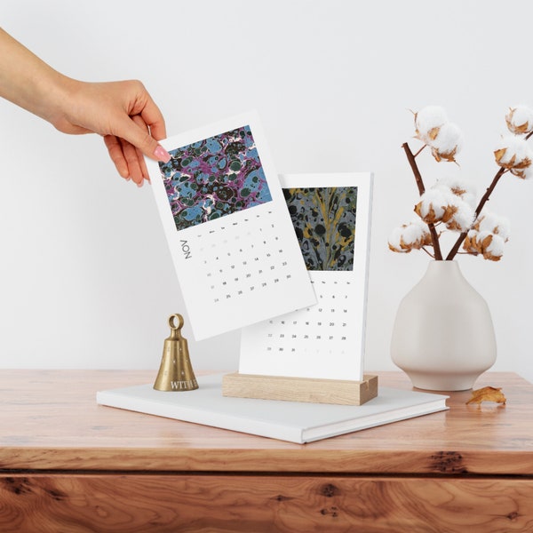 2024 Vertical Desk Art Calendar with Wood Stand featuringa Mix of 12 Dodin's Marbled Patterns 12.5x21cm 4.9x8.3in Eco-friendly