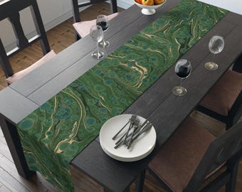 Green Polyester Table Runner featuring Marbled Design, 2 Sizes, Washable, Unique Artistic Design f214 by Dodin's