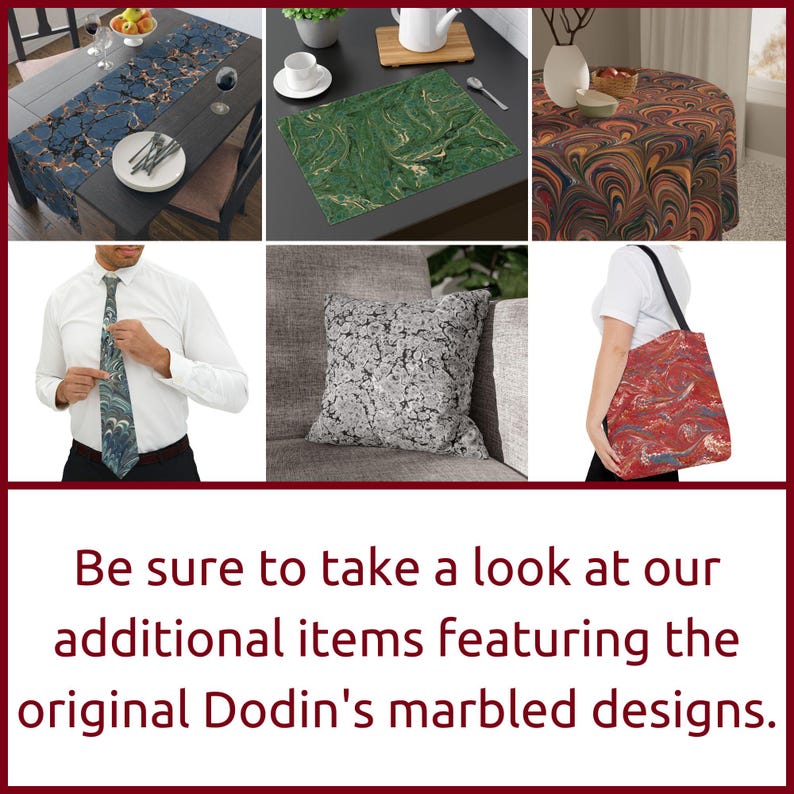 May include: A collection of home decor items featuring marbled designs in various colors, including a table runner, placemats, a pillow, a tote bag, and a tie. The designs are all unique and feature swirling patterns.