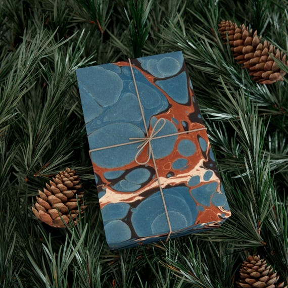 Blue Printed Marbled Wrapping Paper, Unique Artistic Gift Wrap, f441 by Dodin's