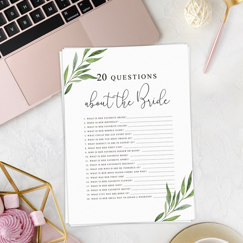 20 Questions About the Bride Bridal Shower Game Greenery Etsy