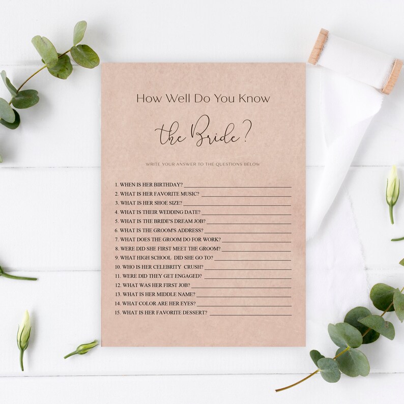 Do You Know the Bride Bridal Shower Game How Well Do You Know Etsy