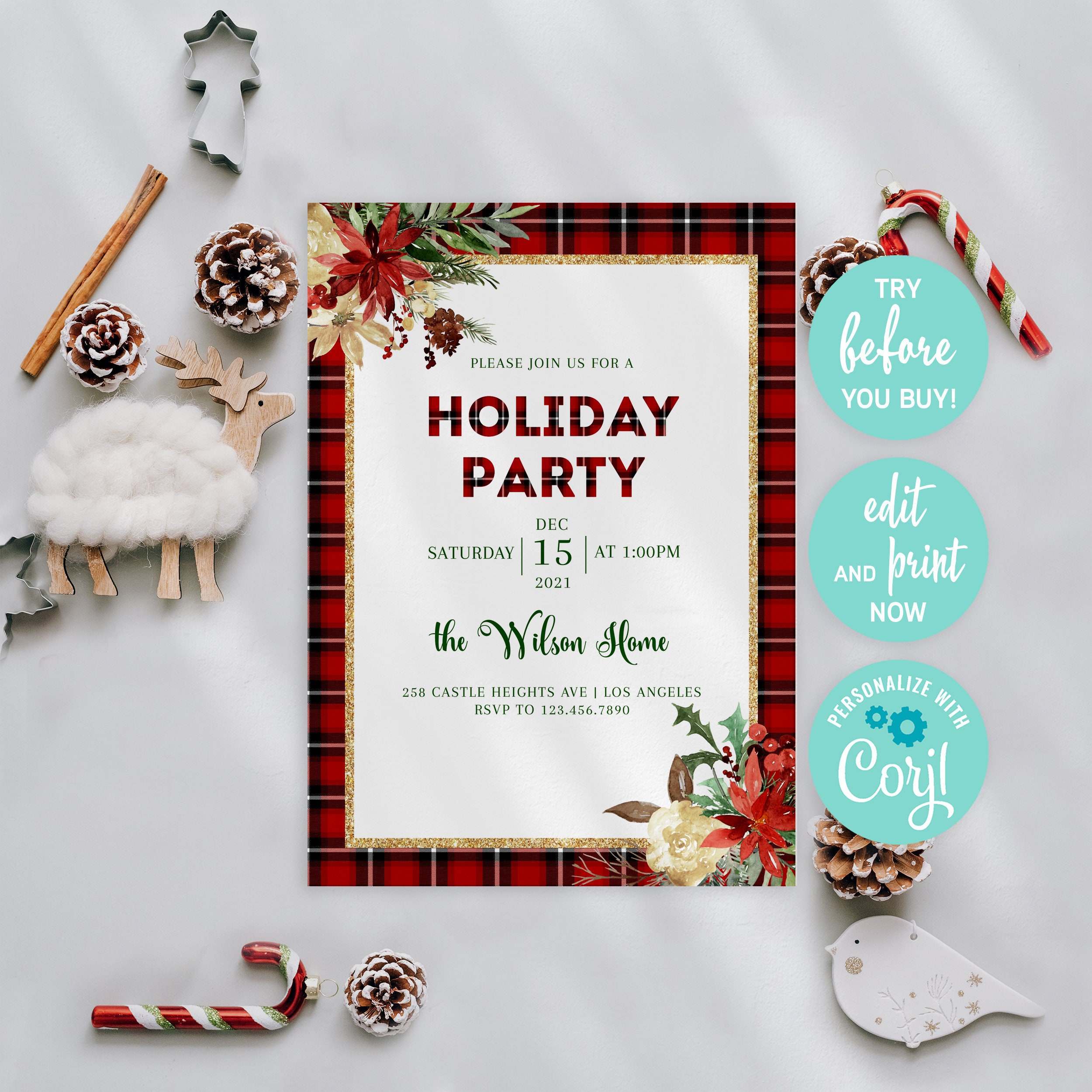 Holiday Party Invitation Plaid Plaid Christmas Invitation | Etsy