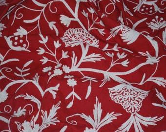 Kashmir Crewel Curtain Fabric "Tree of Life", Off-White on Red 56" x 1 Yard