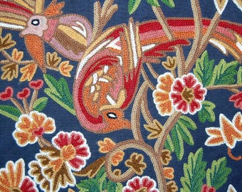 Custom Crewel Embroidered Cotton Fabric "Birds" Navy, Multicolor 56" x 1 yard