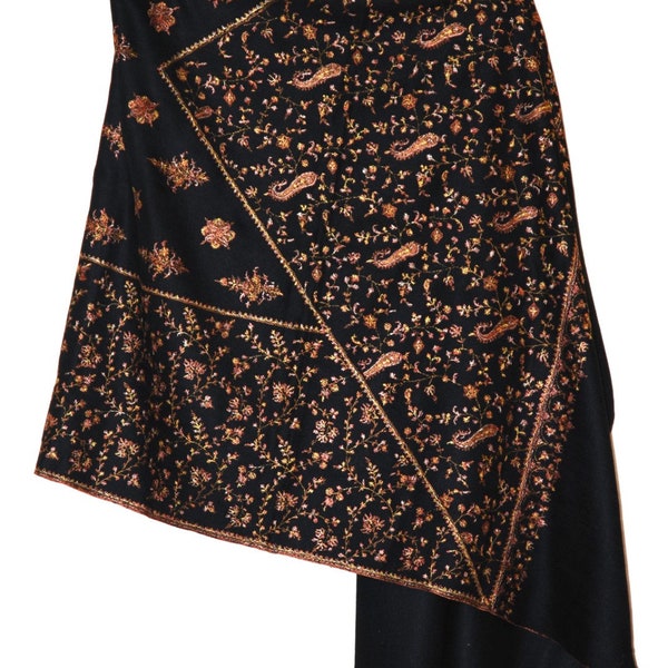 Kashmir Pashmina  Embroidered Shawl, Sozni "Jaali" Schal Black, Multicolor Emb. 39"x80"