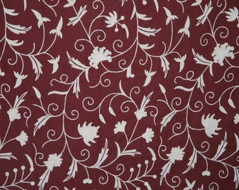 Kashmir Crewel Curtain Fabric "Jacobean", Off-White on Burgundy 56" x 1 Yard