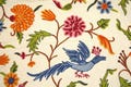 Custom Crewel Embroidered Cotton Fabric "Birds" Cream, Multicolor 56" x 1 yard