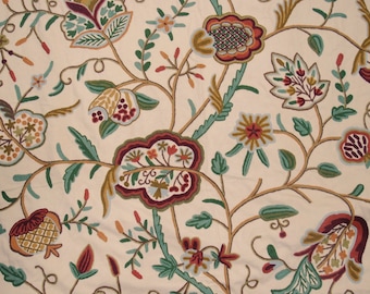 Hand Embroidered Crewel Cotton Fabric "Watlab", Multicolor on Beige 56" x 1 Yard, Send Sizes for Curtains Quote