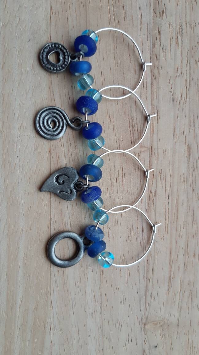 Wine Glasses & Charms reused Set of 4 blue wine charms handmade using