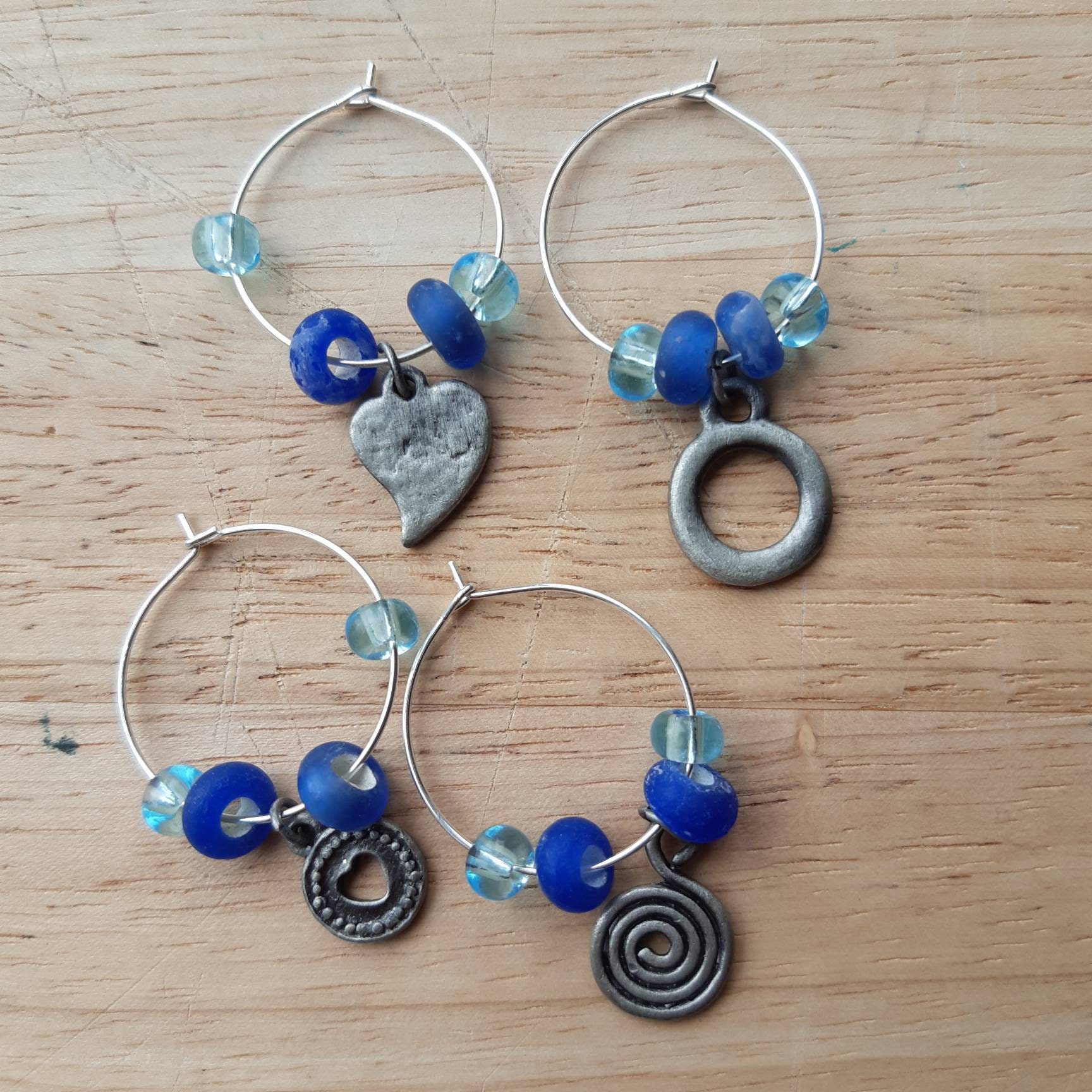 Wine Glasses & Charms reused Set of 4 blue wine charms handmade using