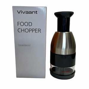 May include: A Vivaant Food Chopper with a stainless steel body and a black plastic top. The chopper is on a white background.