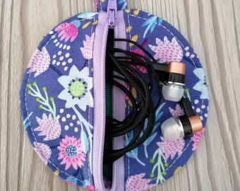 Pochette porte-écouteurs | Conception de tissu floral violet | Mallette d'accessoires | Porte-monnaie/porte-monnaie | Porte-écouteurs | Organisateur de porte-clés