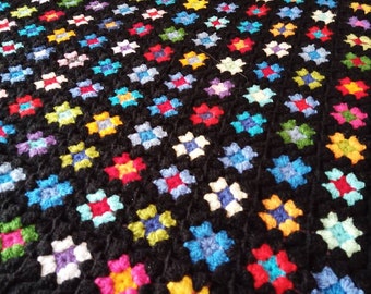 Large Black Crochet Blanket, Granny Square Blanket, Patchwork Handmade Afghan Crochet Blanket, Granny Blanket, Colorful Blanket