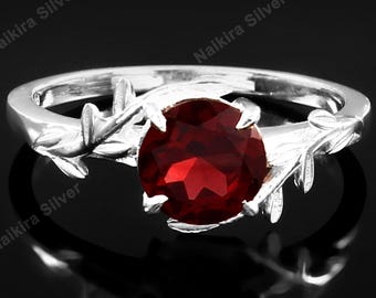 Garnet Sterling Silver Ring: January Birthstone, Leaf Design