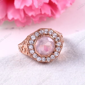 Rose Quartz Sterling Silver Ring: Rose Gold Rhodium, January Birthstone