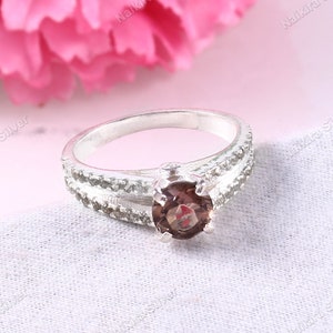 Rookkwarts ronde edelsteen ring, 925 sterling zilveren ring voor haar moeder verrassing ring/, jubileum ring, april Birthstone ring voor haar