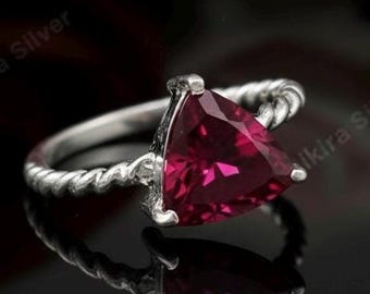 Trillant Cut Red Ruby Daily Wear Ring : Sterling Silver July Birthstone