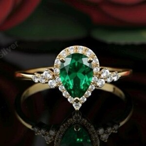 Emerald Pear Halo Ring: Vintage Inspired Lab Green Engagement Ring