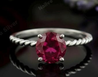 Round Cut Red Ruby Daily Wear Ring : Sterling Silver July Birthstone