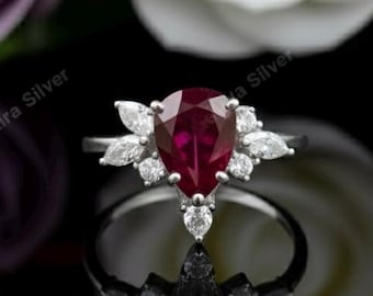 Round Cut Red Ruby Wedding Ring: Sterling Silver July Birthstone