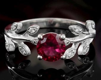 Round Leaf Red Ruby Promise Ring : Sterling Silver July Birthstone