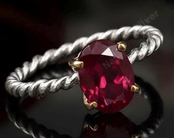 Oval Cut Red Ruby Wedding Ring : Sterling Silver July Birthstone