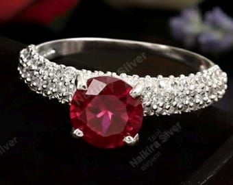 Round Cut Red Ruby Wedding Ring: Sterling Silver July Birthstone