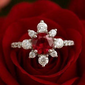 Rubinblomma Halo-ring: Vintage 925 sterlingsilverring med födelsesten i juli