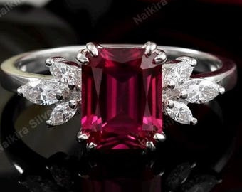 Bague d'anniversaire octogonale taille émeraude rubis rouge : argent sterling pierre de naissance juillet