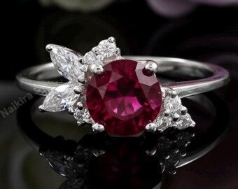 Round Cut Red Ruby Wedding Ring: Sterling Silver July Birthstone