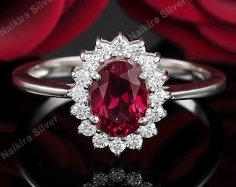Oval Red Ruby Halo Ring - Sterling Silver Vintage Promise Ring