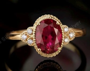 Anillo de promesa con rubí rojo ovalado: anillo de plata de ley chapado en oro con piedra natal de julio