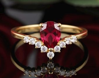 Pear Ruby Engagement Ring: Teardrop Sterling Silver July Birthstone