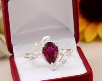 Ruby Pear Sterling Silver Ring - July Birthstone Leaf Design