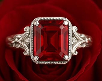 Bague rubis taille émeraude vintage : pierre de naissance de juillet en argent sterling