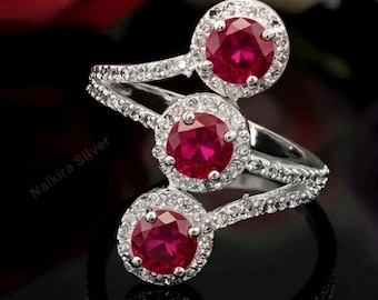 Round Cut Red Ruby Wedding Ring: Sterling Silver July Birthstone