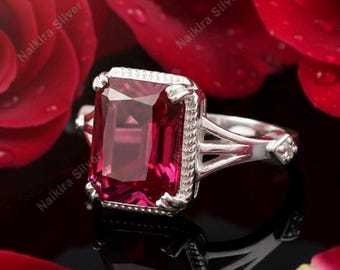 Bague rubis taille émeraude : déclaration Art déco vintage en argent sterling