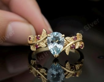 Aquamarin und Rubin Blattgold Ring: Zierlicher Birnchen März Geburtsstein Versprechensring