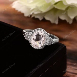 Lab Morganite Halo Ring: Sterling Silver November Birthstone