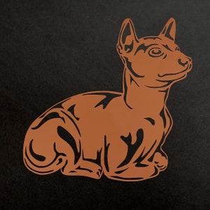 Puede incluir: Una silueta marrón de un perro sentado con las patas cruzadas. El perro tiene un hocico corto y puntiagudo y orejas grandes y caídas.