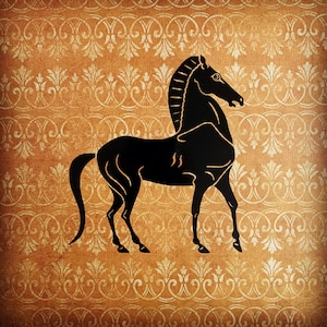 May include: A black silhouette of a horse on a gold background with a repeating pattern.