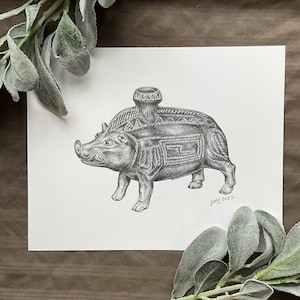 May include: A black and white pencil drawing of a ceramic boar with a spout on its back. The boar is depicted in a stylized, almost geometric, manner. The drawing is signed "JMS 2022" in the bottom right corner.