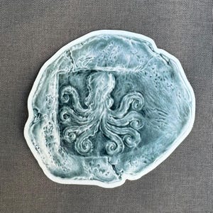 Puede incluir: Una pegatina blanca con una ilustración azul y gris de un pulpo sobre un fondo de piedra.