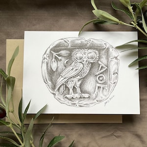 Athena Owl Greeting Card - inspired by the Ancient Athenian Tetradrachm Coin