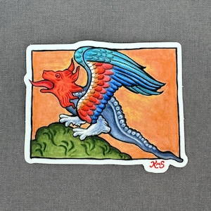 Pegatina de dragón medieval: inspirada en el manuscrito iluminado francés Bestiario del dragón