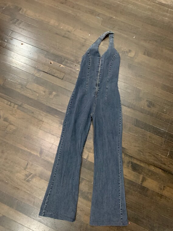 1970s Orange Jeans Halter Denim Jumpsuit
