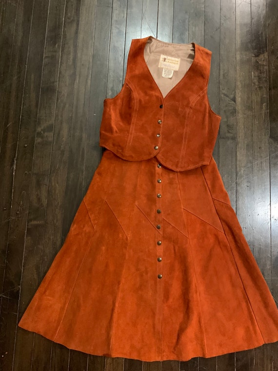 1970s Burnt Orange Suede Two Piece Vest & Skirt