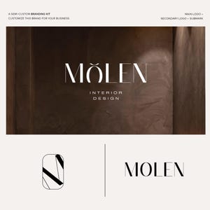 以下が含まれることがあります： 「MOLEN」というインテリアデザイン会社のブランディングキット。メインロゴは、モダンなサンセリフフォントで会社の名称が書かれています。セカンダリーロゴは、白地に黒の線が描かれた幾何学模様です。